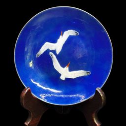 Seagulls In Flight Shorebirds Cobalt Enamel On Metal Plate 6”*