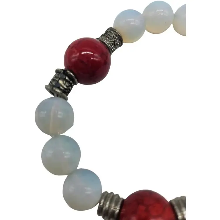 Red White Art Glass with Metal Spacers  Beaded Bracelet