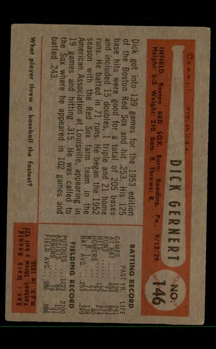 1954 Bowman #146 Dick Gernert - (pk-tl3) - Boston Red Sox