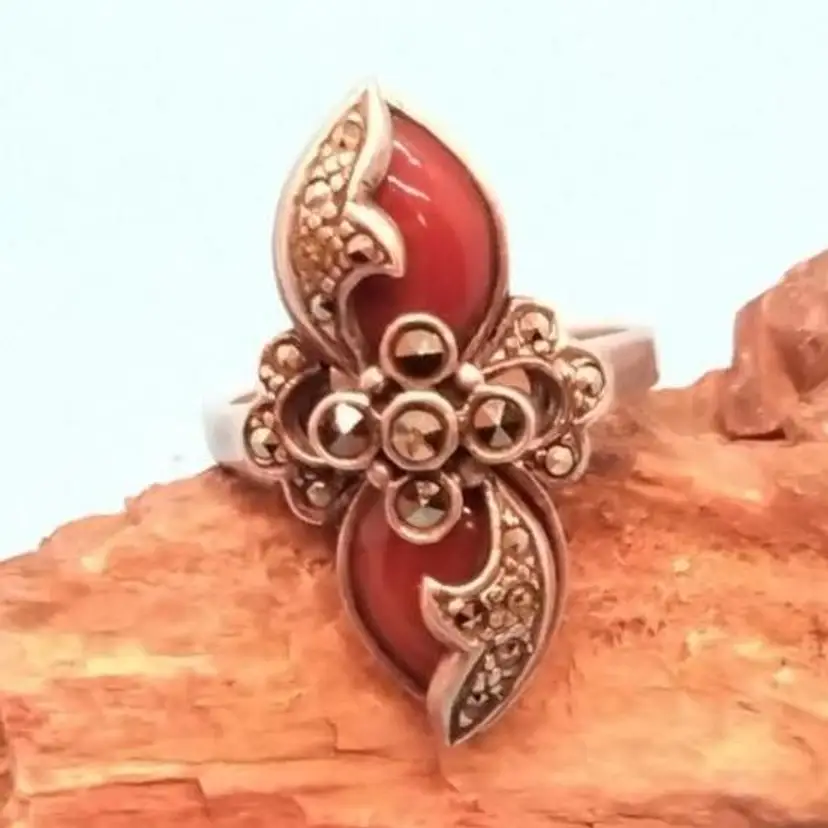 Vintage Marcasite and Carnelian Ring, Marked 925