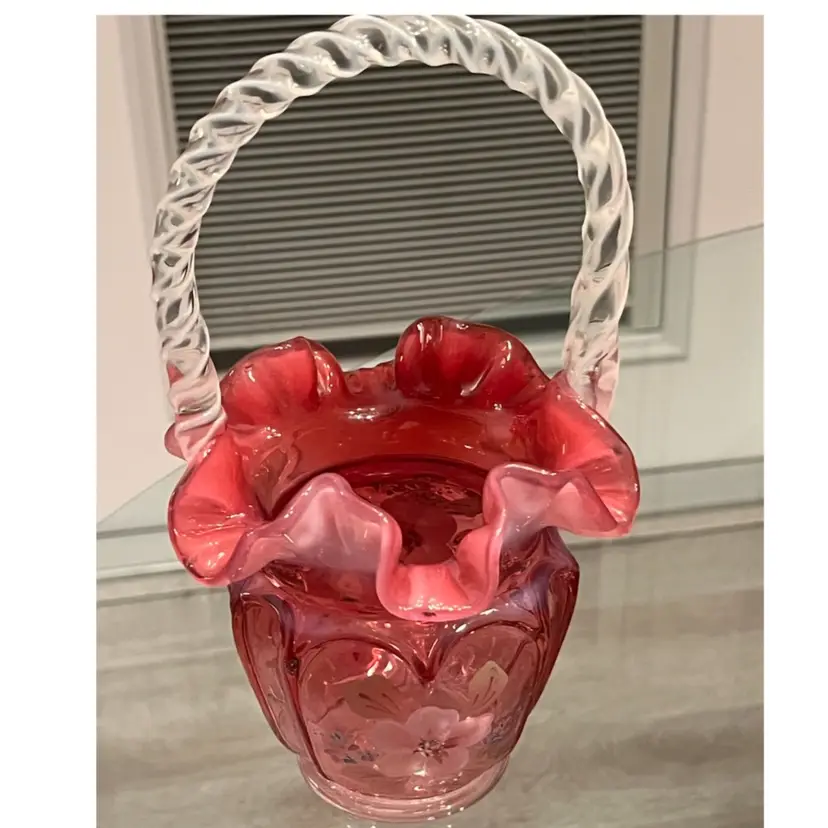 Fenton Open Heart Arches Opalescent  Cranberry Glass Basket -Hand Painted And Signed by Jenni Cunningham- Signatures of Bill & George Fenton  8.75” Tall.