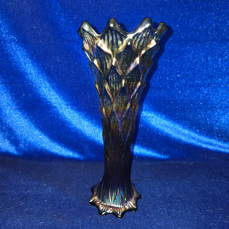 241  Antique Dugan Vase Amethyst Carnival Glass Lined Lattice 1909-1915