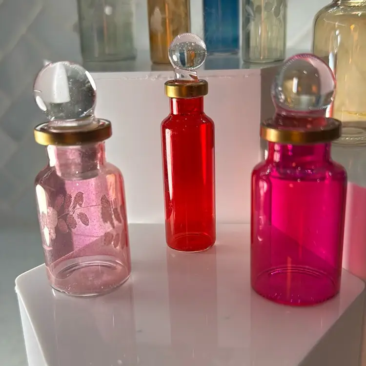 Egyptian Perfume bottles, Empty Glass Mini Bottles for Perfume, Essential Oils or Potion - Set of 10 Decorative Small Vials, Each 2"-3” High, Assorted Colors