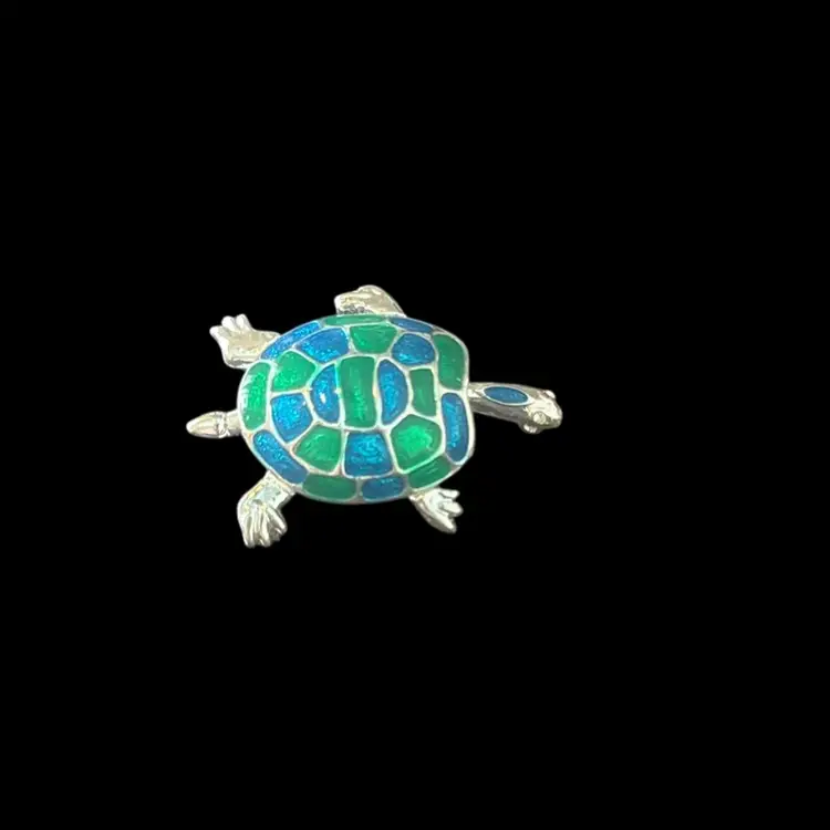 Blue and Green Enameled and Silver Tone Turtle Brooch. 2”