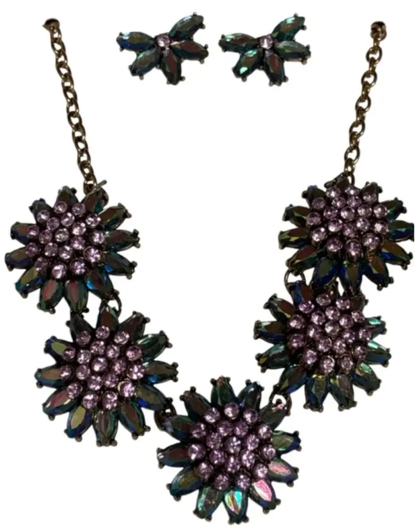 K&M Necklace & Earrings Box Set Flowers & Butterfly Rhinestones