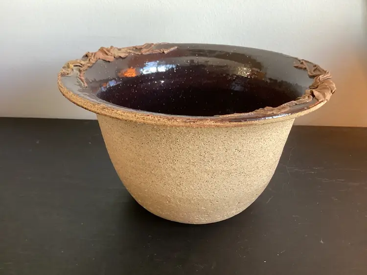 3423-Art Pottery Bowl With Leaf Design, Signed, 4x7”