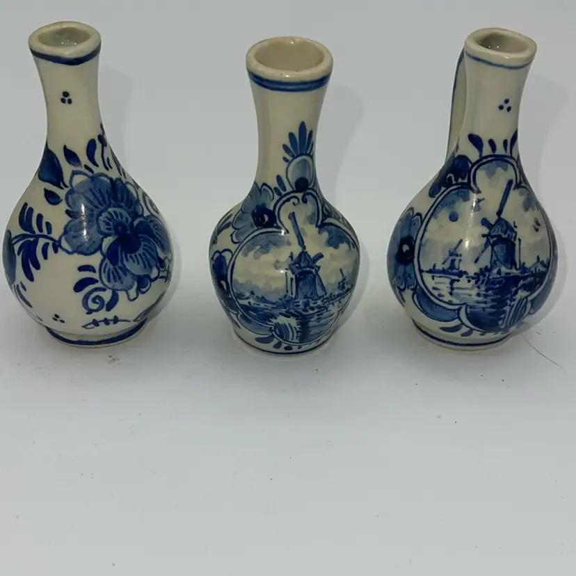 Vintage Delft Miniature Vase Pitchers with Blue White, Hand Crafted 2.75” Set Of 3