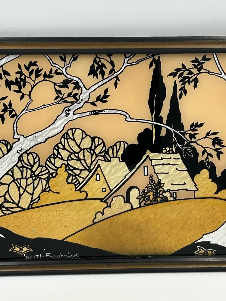 Vintage Framed Reverse Hand Painted Foil Artwork Signed Smith Federick