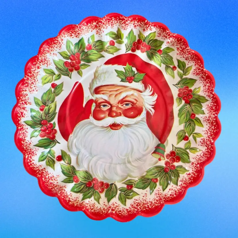 Vintage MCM Plastic Santa Christmas Scalloped Plate, 29 Cent Stamp, READ