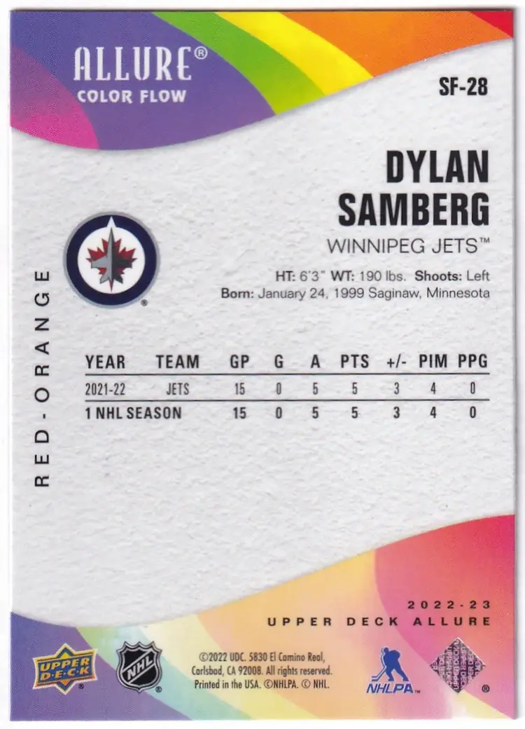 2022-23 Upper Deck Allure Color Flow Red Orange #SF28 Dylan Samberg Winnipeg Jets Hockey Card