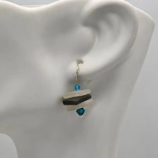 Real Maine Sea Glass Cairn Style Earrings White, Brown, Aqua