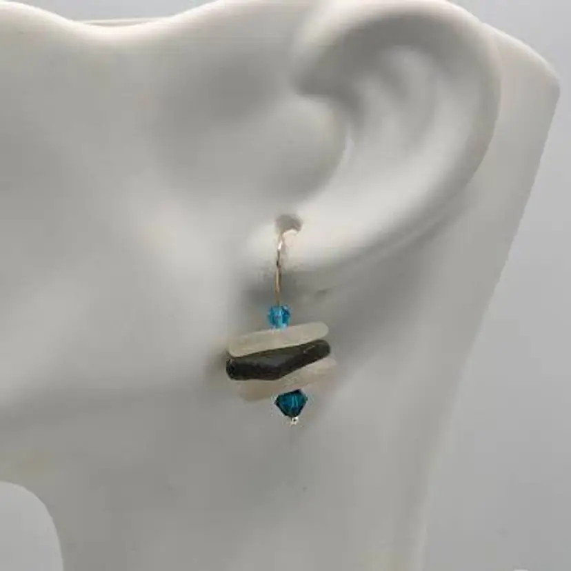 Real Maine Sea Glass Cairn Style Earrings White, Brown, Aqua