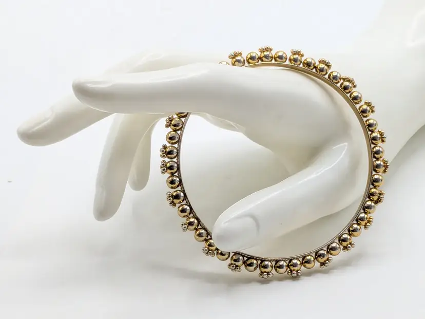 Gold Tone Beaded Floral Design Bangle Bracelet