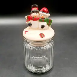 Christmas Snowman Couple Small Canister Ceramic & Glass