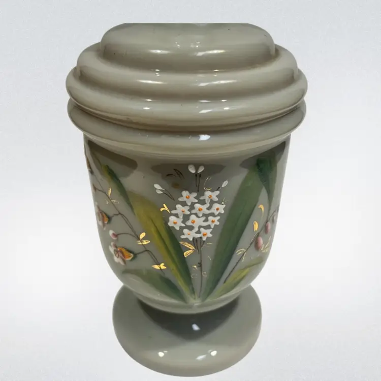 Gray Opaline Glass Decanter with Stopper- Hand-Painted Antique- Floral & Gilded Details - 10.5” Tall W Stopper, 3” Wide