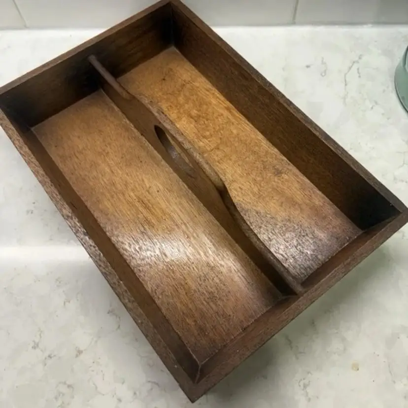 Mid Century Modern Wood Divided Utensil Holder Hostess Tray BBQ Flatware Carrier