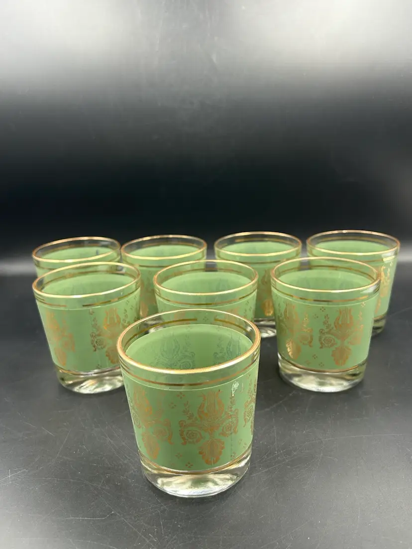 8 Vintage Jeanette Glasses Laurel & Lyre Green Gold Harp 1954 MCM