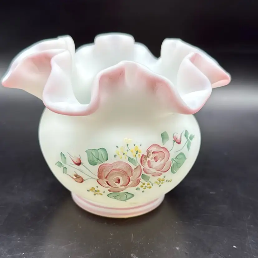 Fenton Hand Painted Rose Garden White Satin Rose Bowl -signed C Griffiths
