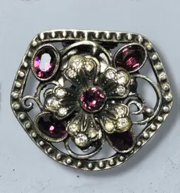 Antique Art Deco Purple & Clear Rhinestone Dressy Dress Clip Brooch - 1.5” x 1.25”