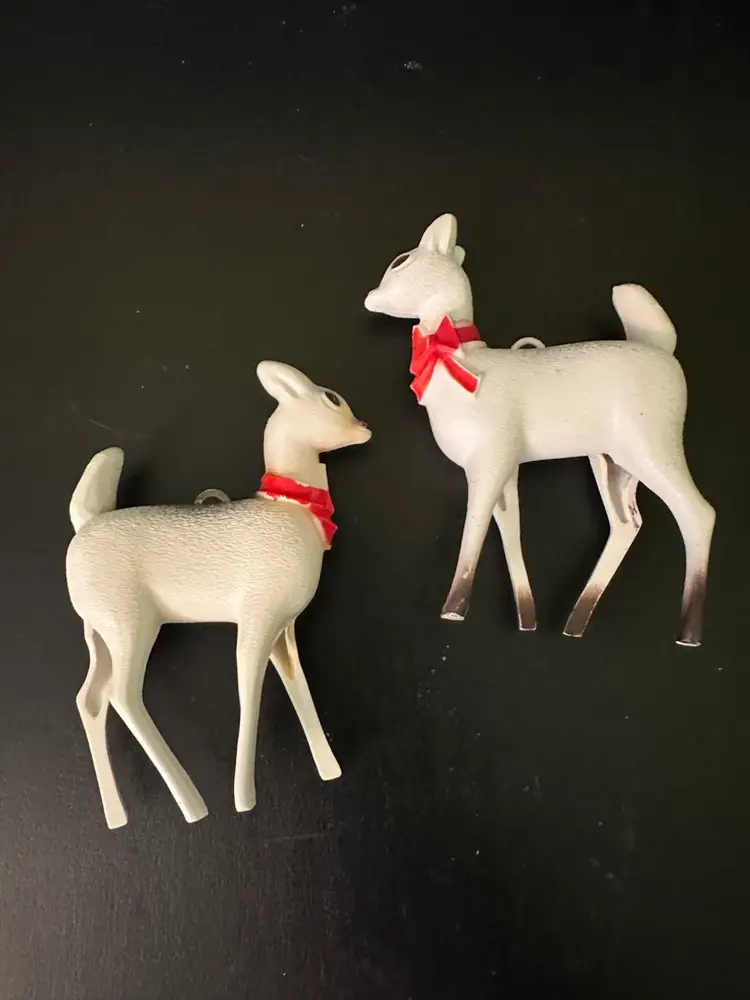 Vintage Christmas White Reindeer Red Bow Hard Plastic Ornament Set Of 2 MCM 3”
