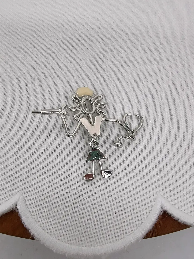 Nurse Brooch Pin Articulated Shot & Stethoscope Silver Tone with white Enamel Accent by KK ED