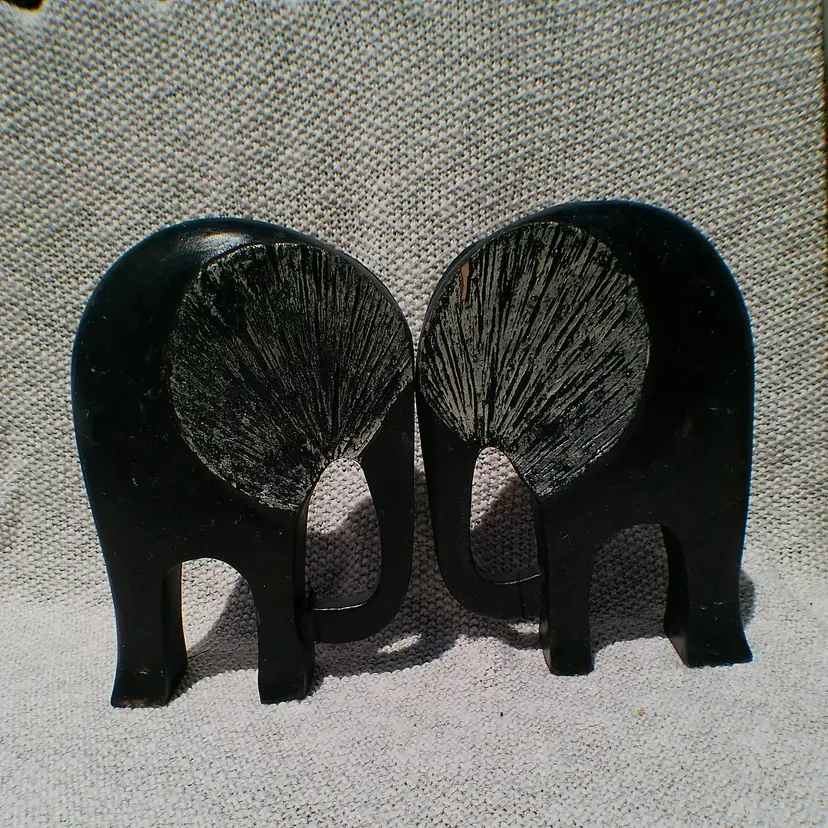 Vintage Elephant figurines black and silver wood carved pair few blemish see pic