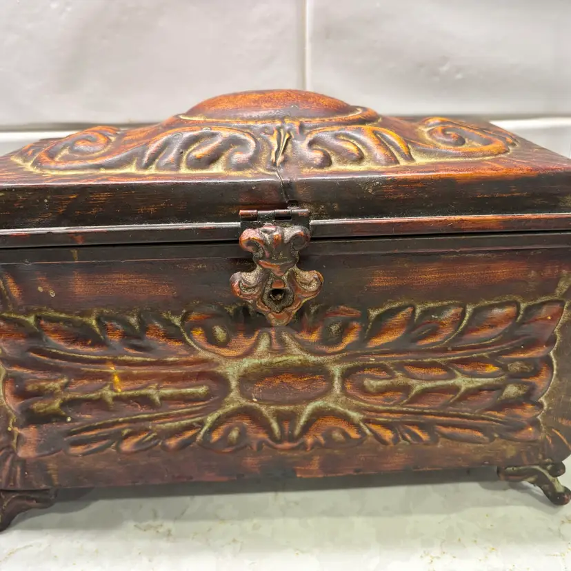 Vintage Footed Ornate Metal Storage Box