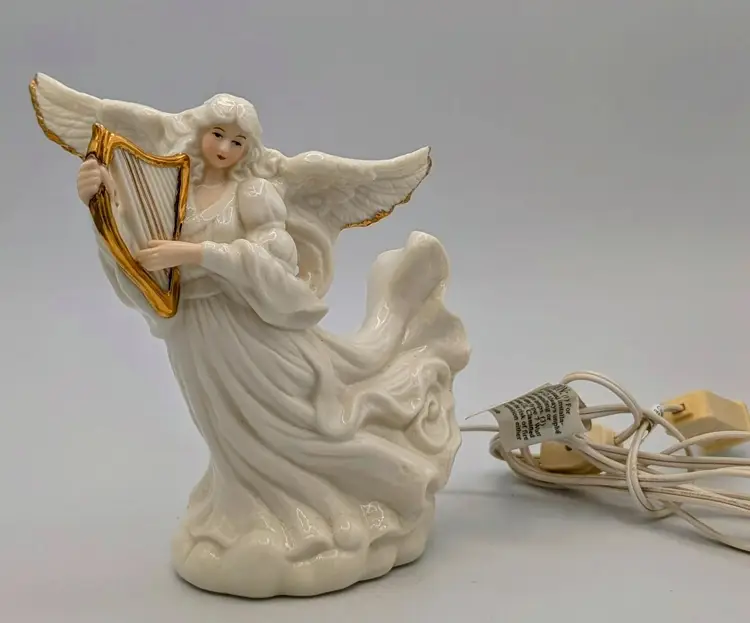 Large Ivory Porcelain Angel And Light Up Figurine Ivory & Gold Angel Playing Harp 8"