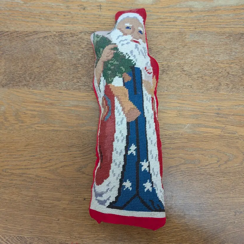 Vintage Wool Needlepoint Standing Santa Pillow 15" Christmas Decor Red Velvet