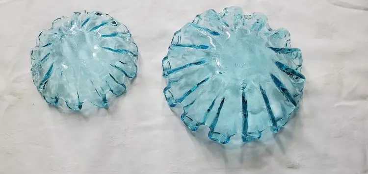 Vintage Hand Blown Aqua Blue 14 Finger Glass Trinket Candy Dish 6" & 8" Set of 2
