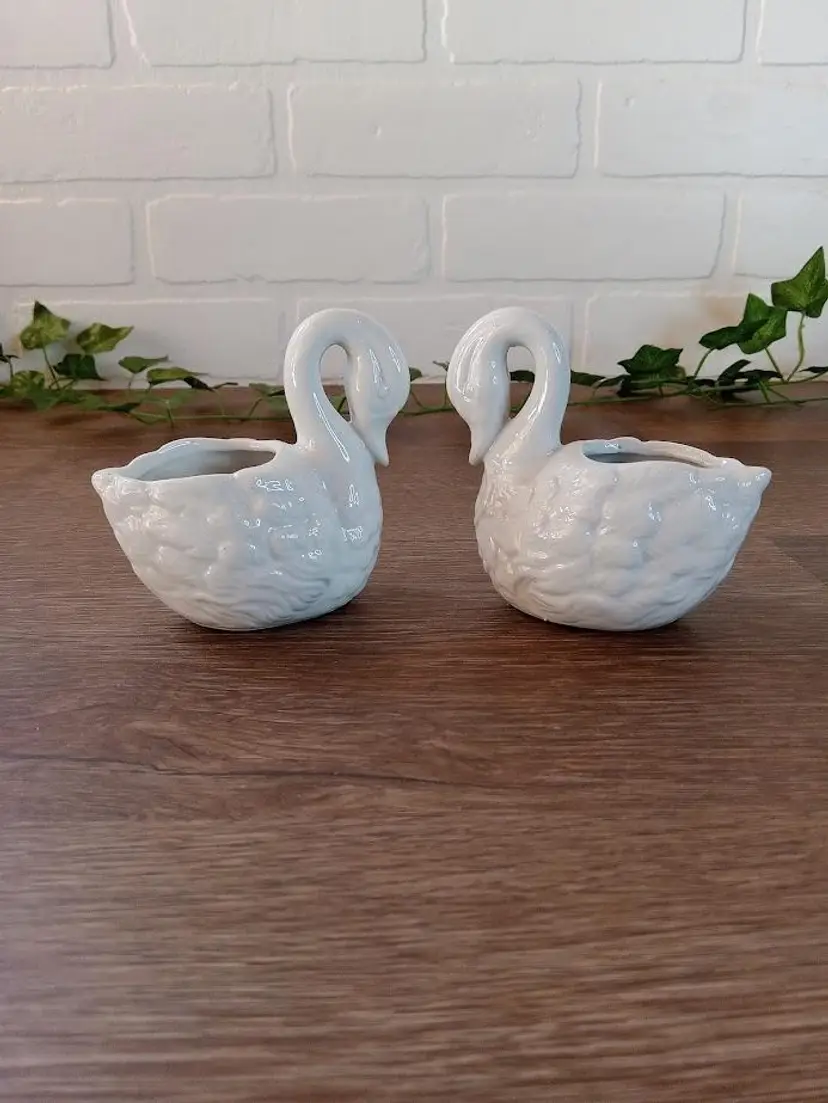 Set of 2 White Porcelain Swan Candle Holders 3.25"