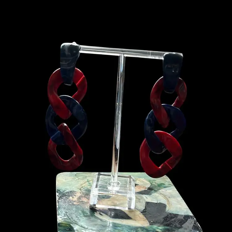 Navy And Red Dangly Lucite Earrings