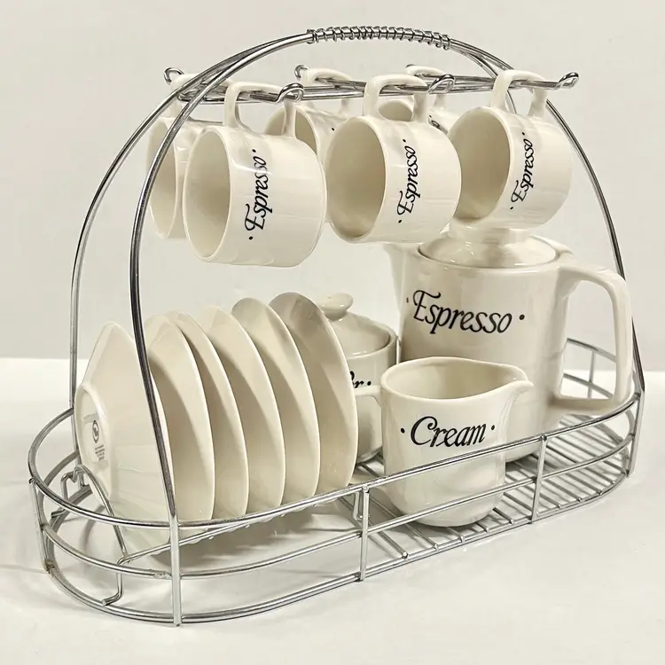 The Cellar Espresso Set 18 pc w/ pitcher, mugs, plates, sugar, cream, and caddy Vintage made In 2004