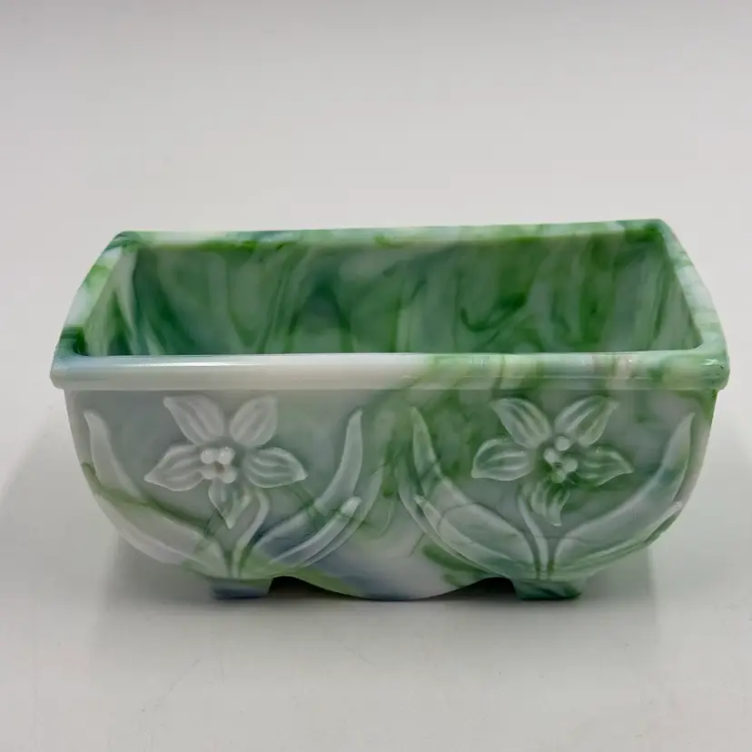 Akro Agate Swirl White Green Slag Glass Daffodil Pattern Vintage Planter Floral #657