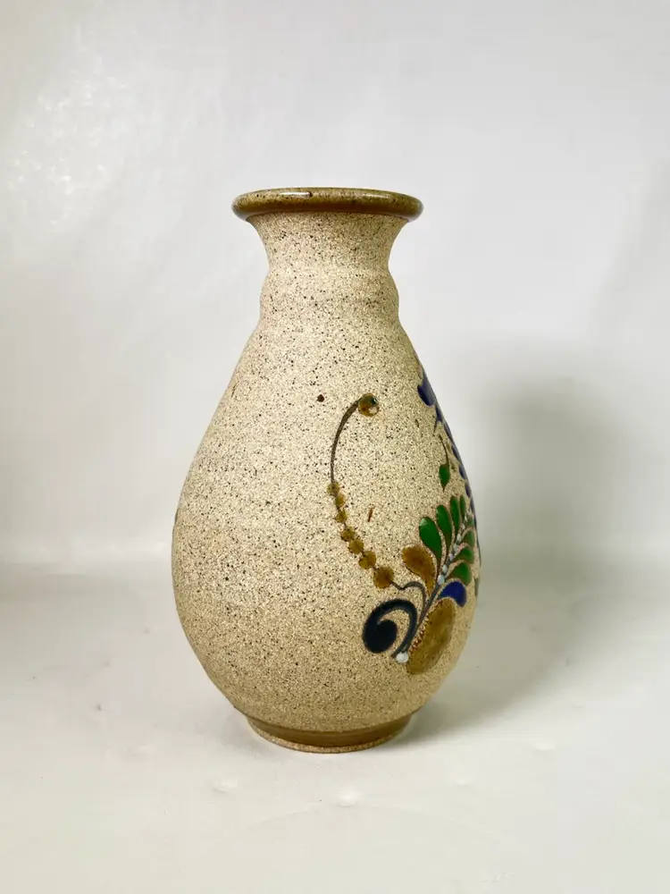 VTG Tonala Stoneware Bud Vase Mexican Folk Art HandPainted Pottery SANDSTONE 6”