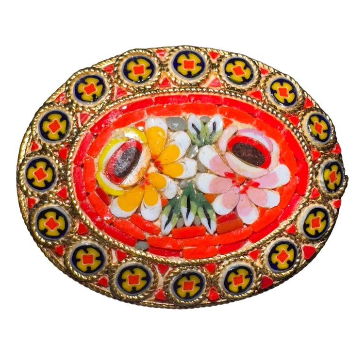Vintage Italian micro mosaic oval floral brooch