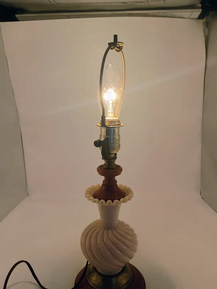 Vintage Fenton Pink Milk Glass Boudoir 18" Table Lamp with Wood and Brass Works