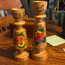 Candlesticks VTG Hand Painted Folk Art On Wood Beautiful Details