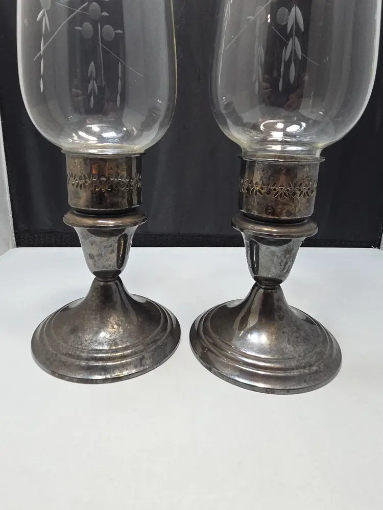 Vintage Gorham Silver Plated Hurricane Candle Holders Floral Glass Pair