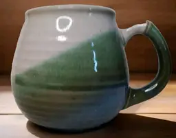 Vintage 1950s Blue/Green/White Pottery Coffee Mug With Bamboo Style Handle Asian