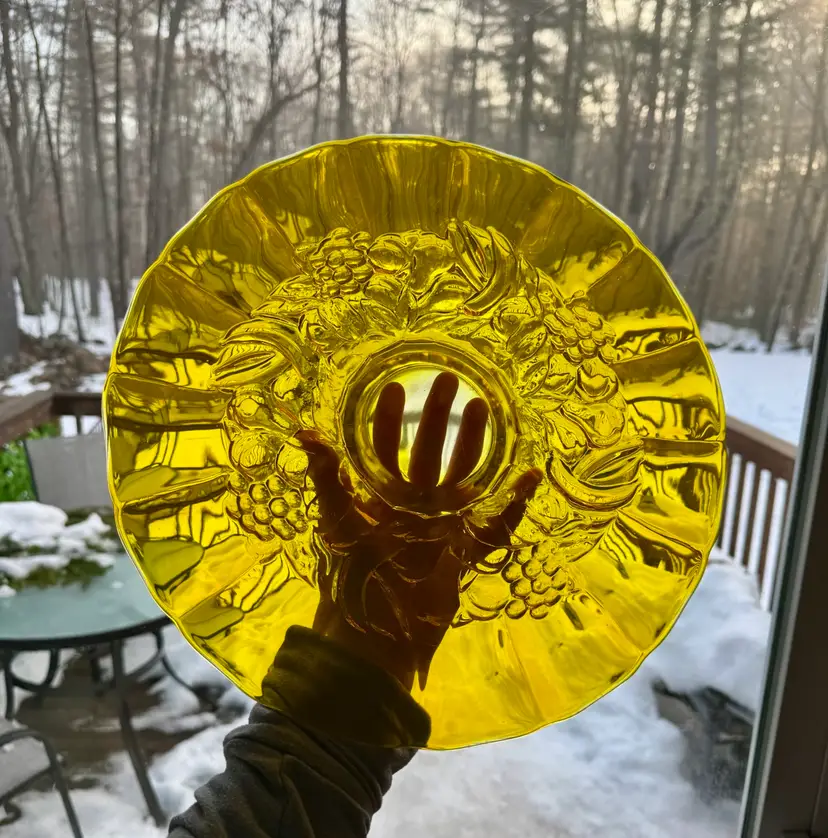Vintage Fruit Garland Yellow Glass Pedestal Cake Plate