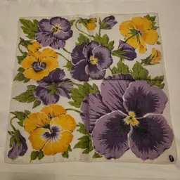 Franshaw Handkerchief Rolled Edge with Tag Purple Yellow Pansies Vintage 13½"×13½"