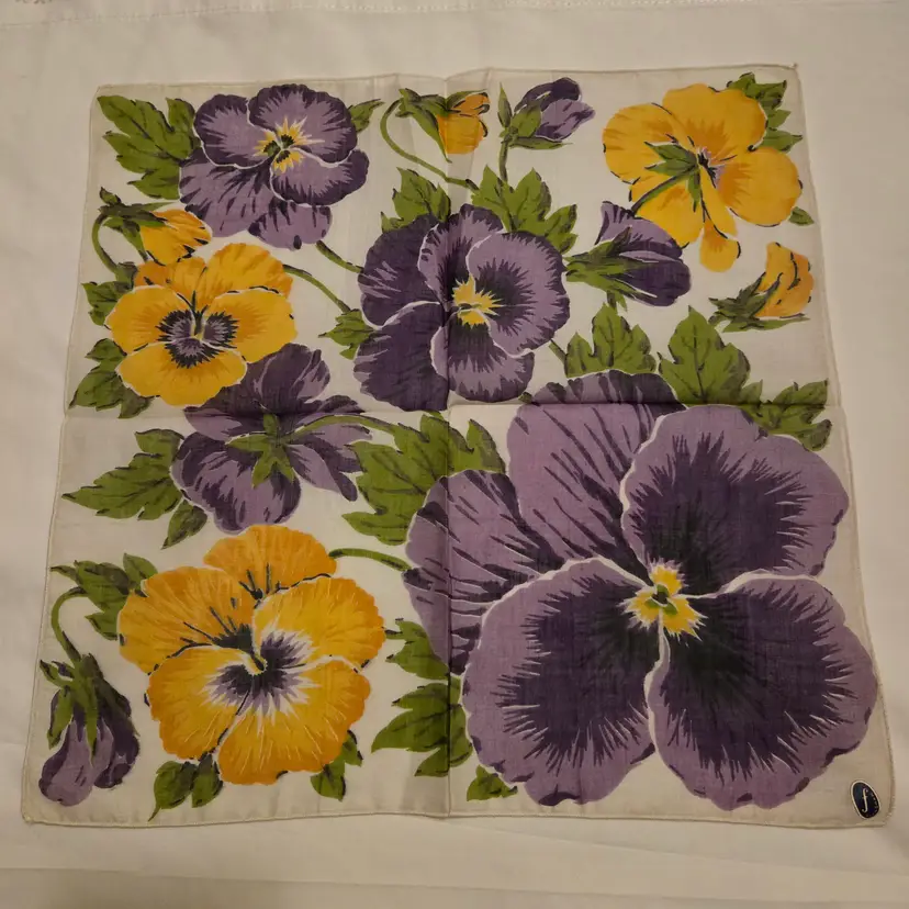 Franshaw Handkerchief Rolled Edge with Tag Purple Yellow Pansies Vintage 13½"×13½"