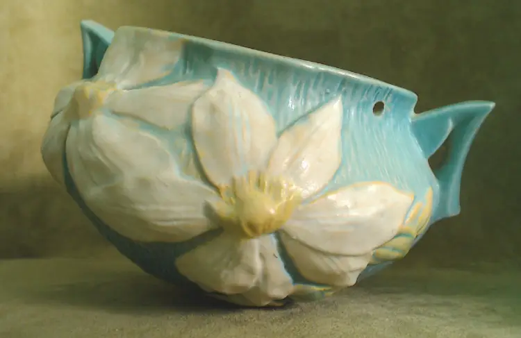 Vintage Roseville Pottery Hanging Planter | White Clematis Flower on Matte Blue | Sturdy Outdoor Planter | 1940s The Roseville Pottery Company Made in USA