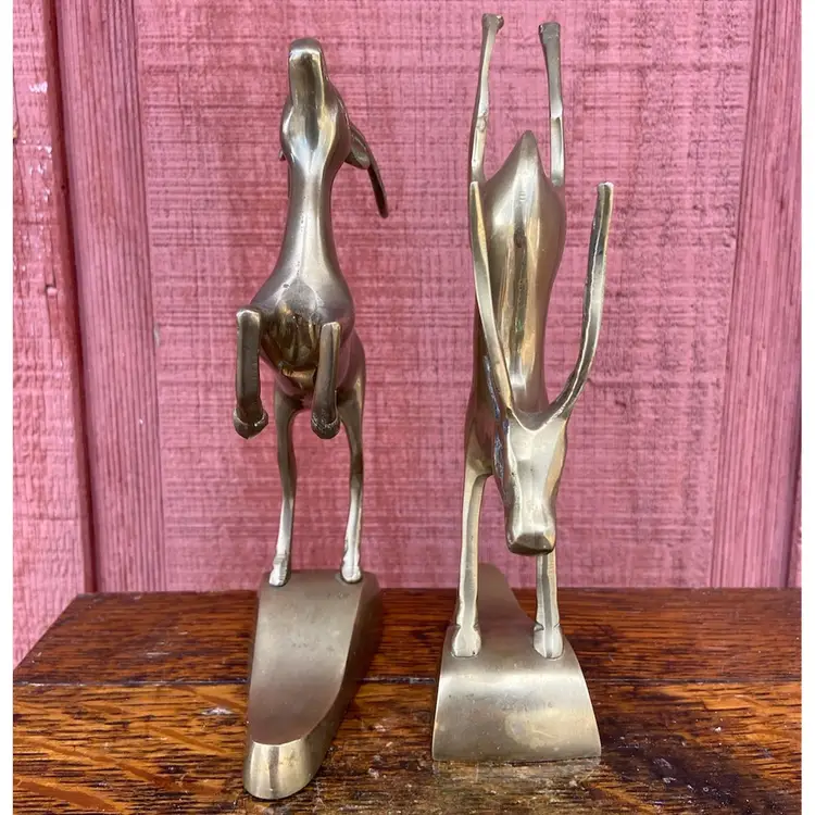 Vintage Brass, Pair Of Jumping Gazelles. 8.25”h & 7.75”h. Made In Korea.