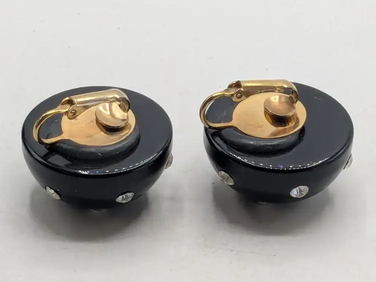 Vintage Rhinestone and Black Acrylic Clip-On Earrings