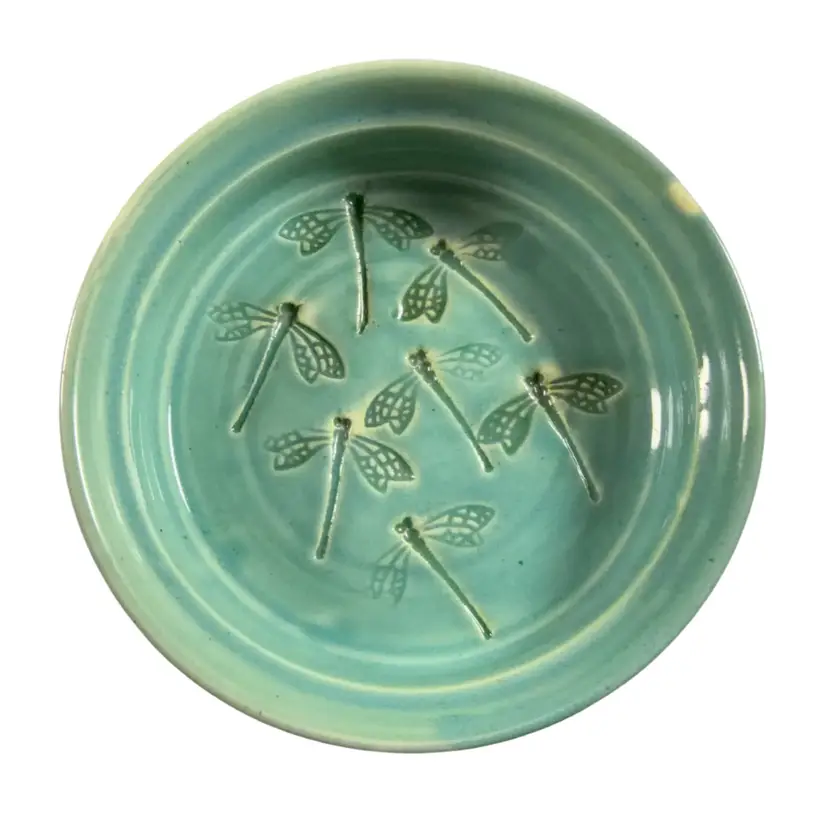 Signed Studio Pottery Dragonfly Trinket Dish 5” x 1.25”