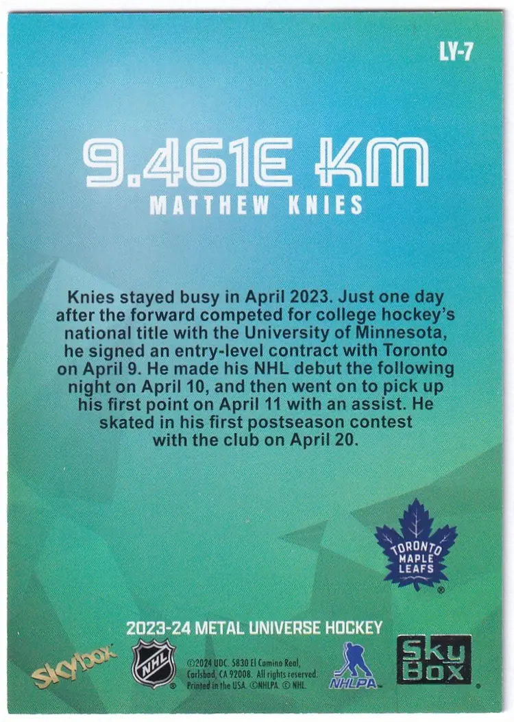 2023-24 Metal Universe 9.461e KM #LY7 Matthew Knies Toronto Maple Leafs Hockey Card