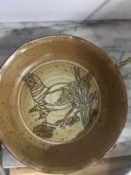 Handmade Ceramic Dish With Bird Motif In The Style Of Poole Pottery