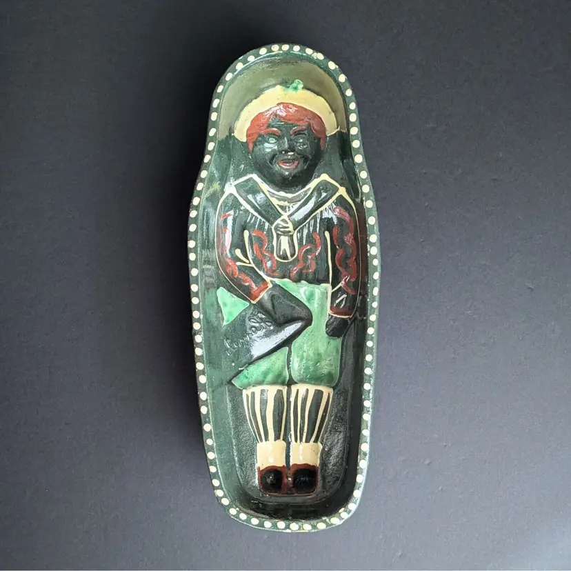 Old French Yelloware Pottery Mold Alsace France Hansel Dark Green and Yellow